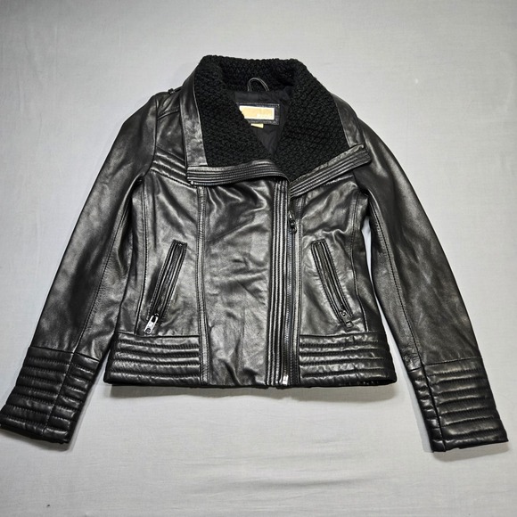 Michael Kors Jackets & Blazers - Michael Kors Real Leather Moto Jacket Small Black Asymmetrical Knit Collar Punk